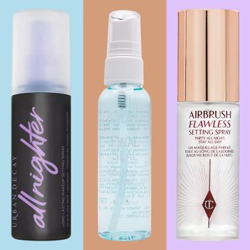 Three makeup setting spray bottles: one black with text, one clear with white cap, one white with gold cap, displayed on colored backgrounds.