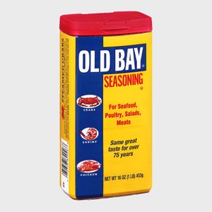 Rectangular yellow and blue tin with red lid, labeled 