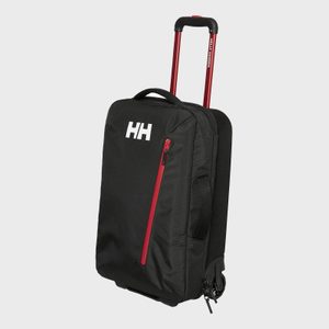 Wheeled suitcase stands upright; retractable red handle visible. Black with red zippers, 