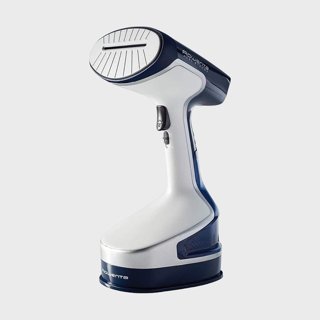 Steamer upright, ready for use; white and blue design with 
