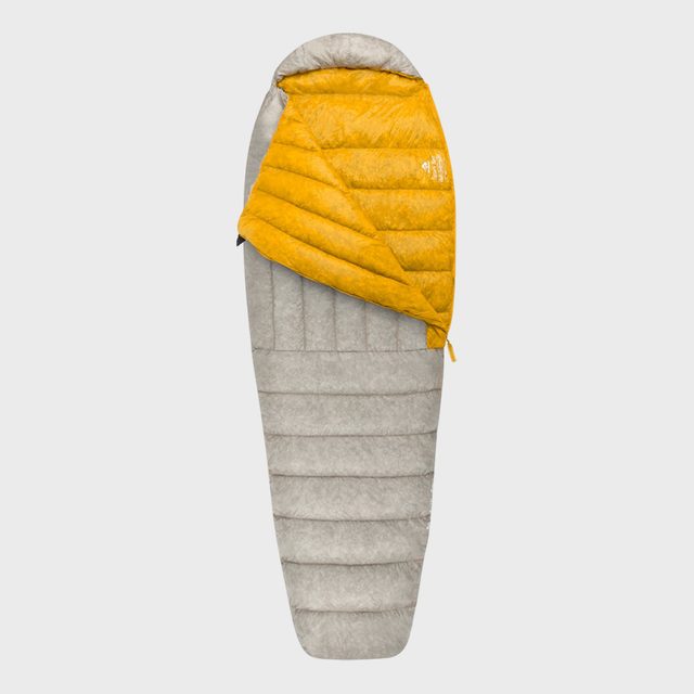 Sleeping bag partially unzipped, yellow interior, gray exterior, displayed on a plain light background.