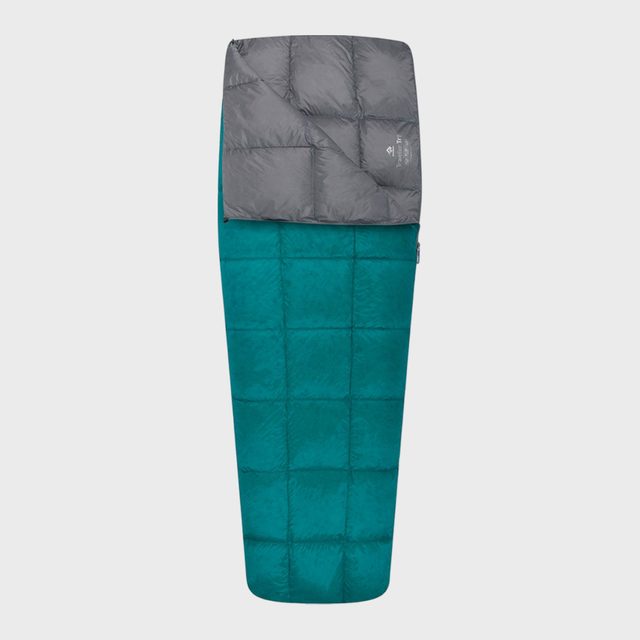 Sleeping bag lies open, displaying teal and gray quilted sections, on a white background.