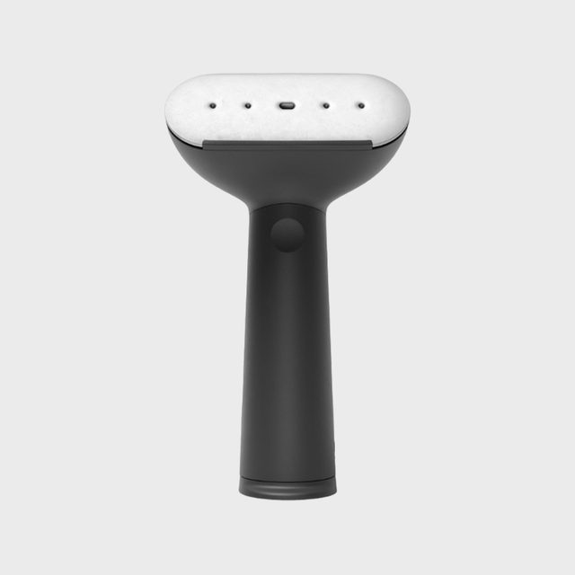 Handheld steamer resting vertically against a plain, light gray background.