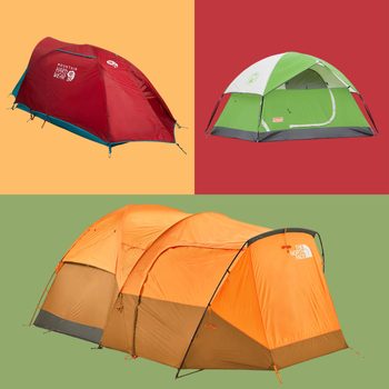 Three tents appear on a colorful background: red and blue tent, green and gray tent, orange tent. Brands labeled "Mountain Hard Wear," "Coleman," "The North Face."