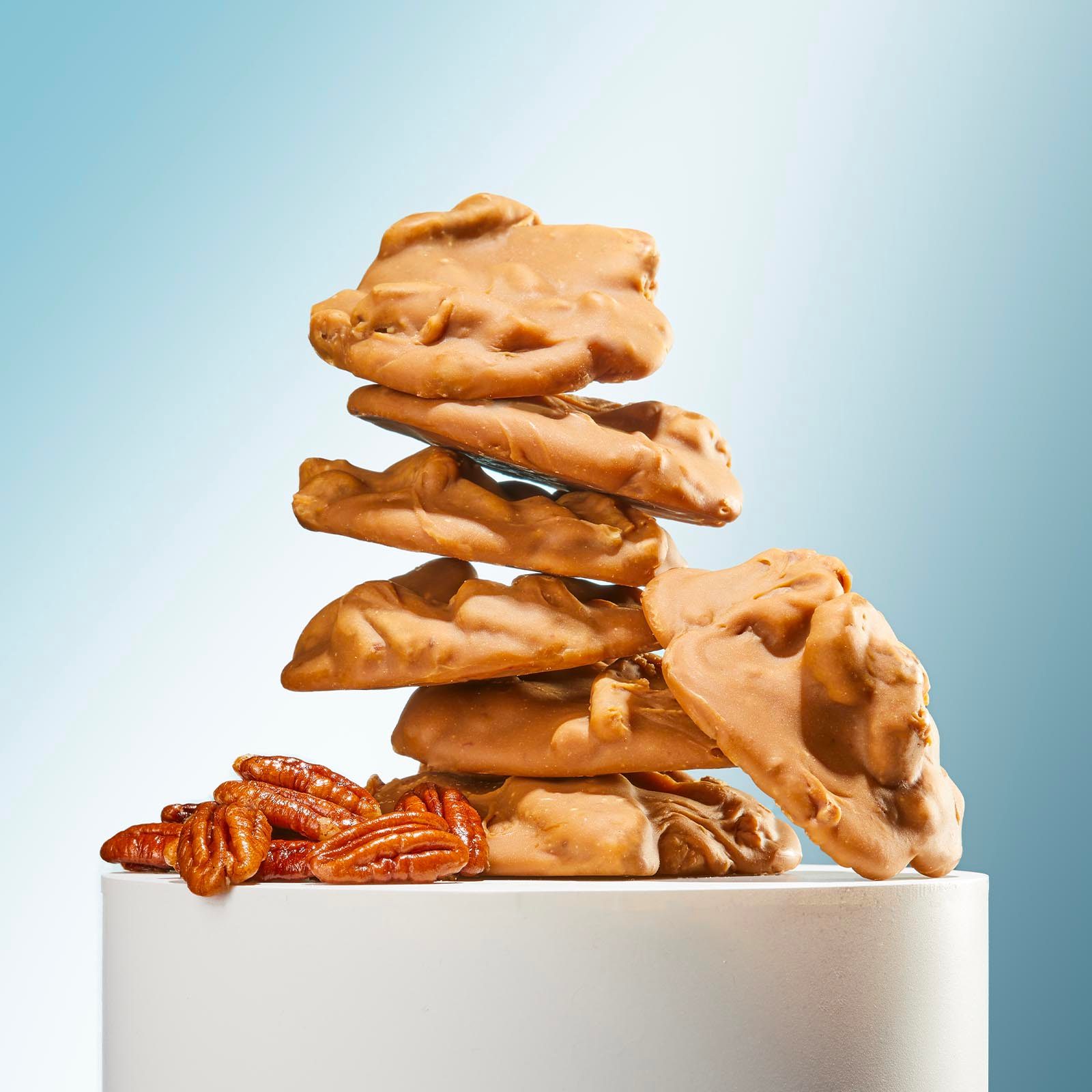 Pecan pralines on a pedestal