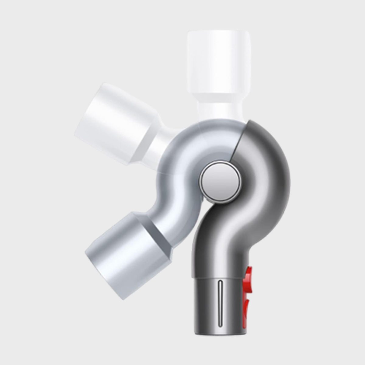 Metallic L-shaped pipe connector, fixed position, displaying rotational capability; white background.