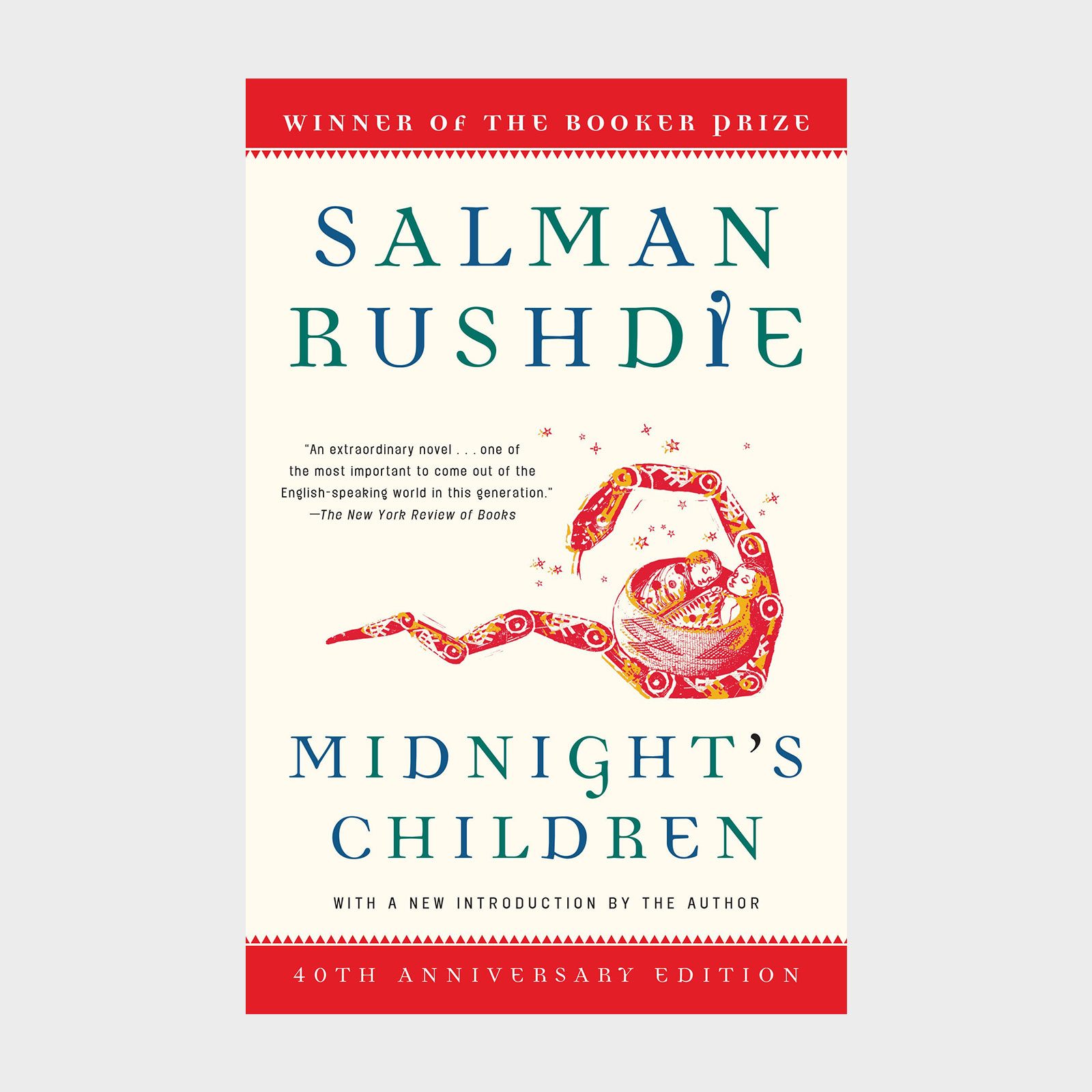 Book cover features text "Salman Rushdie Midnight's Children" with a red snake design, surrounded by stars. Award mention "Winner of the Booker Prize" on top.