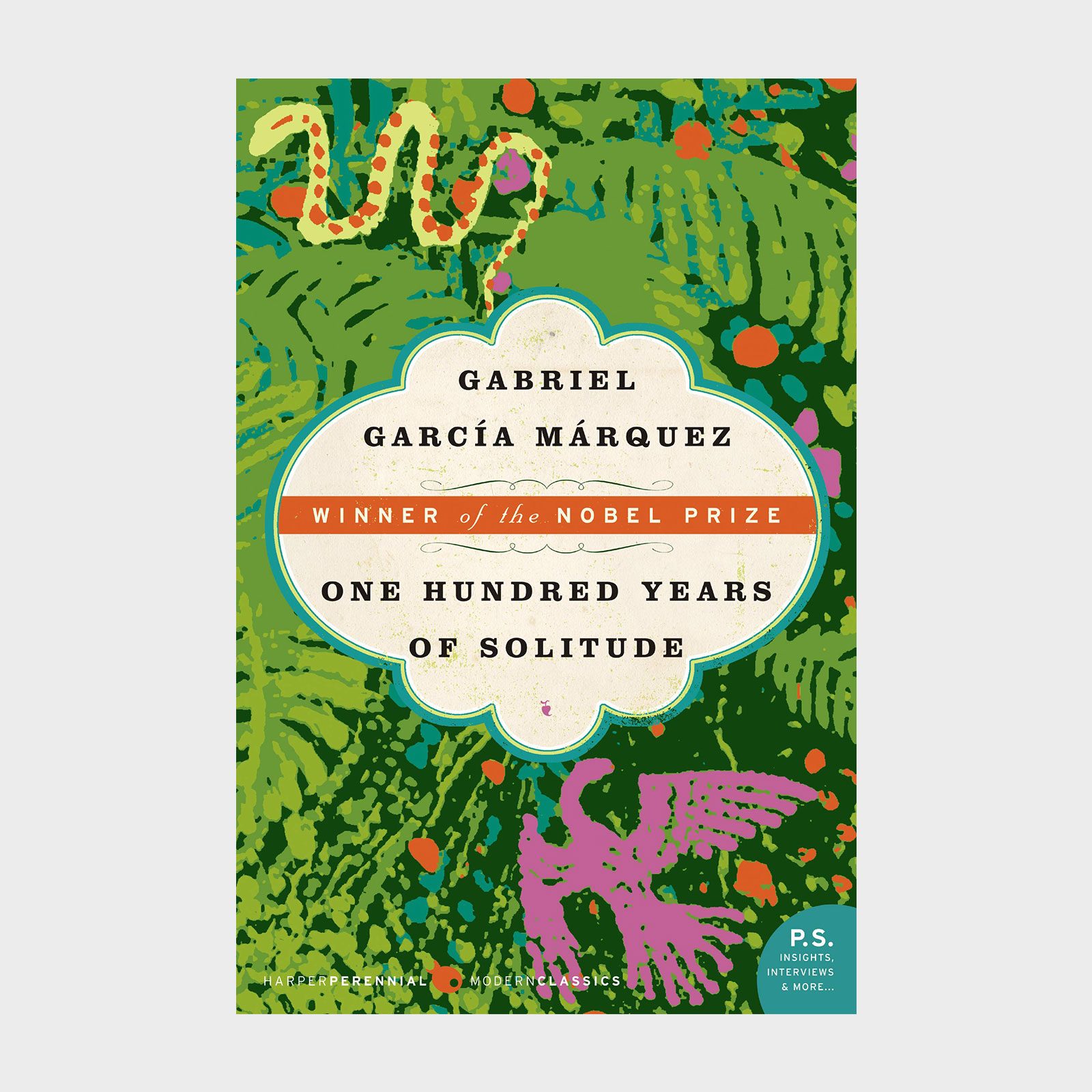 Book cover shows stylized greenery with pink bird; text reads "Gabriel GarcÃ­a MÃ¡rquez, Winner of the Nobel Prize, One Hundred Years of Solitude."