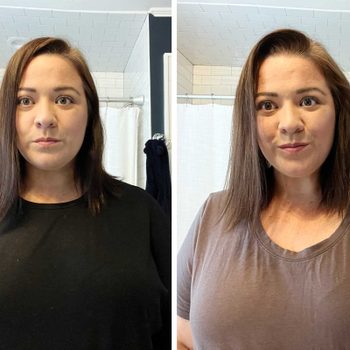 A person stands facing forward in a bathroom, wearing different shirts in each of two side-by-side images, with a white shower curtain behind.