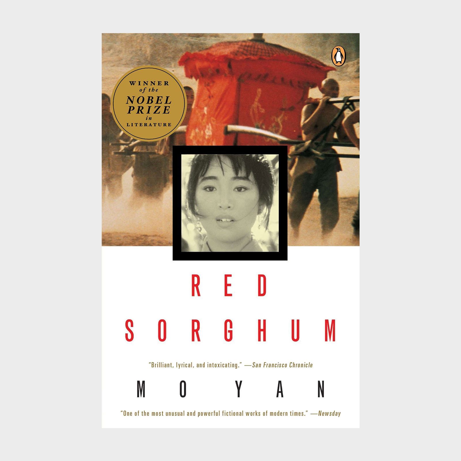 A red sedan chair is carried by men, with an inset image of a woman's face. Text: "Red Sorghum, Mo Yan."