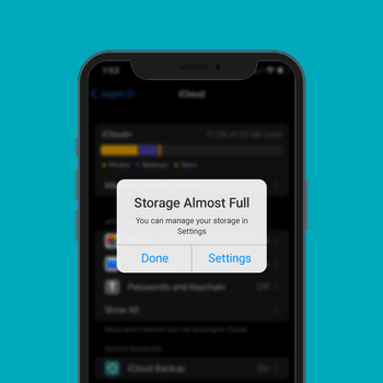 Phone screen displays a storage alert pop-up with options to select "Done" or "Settings"; background shows partially blurred storage details.