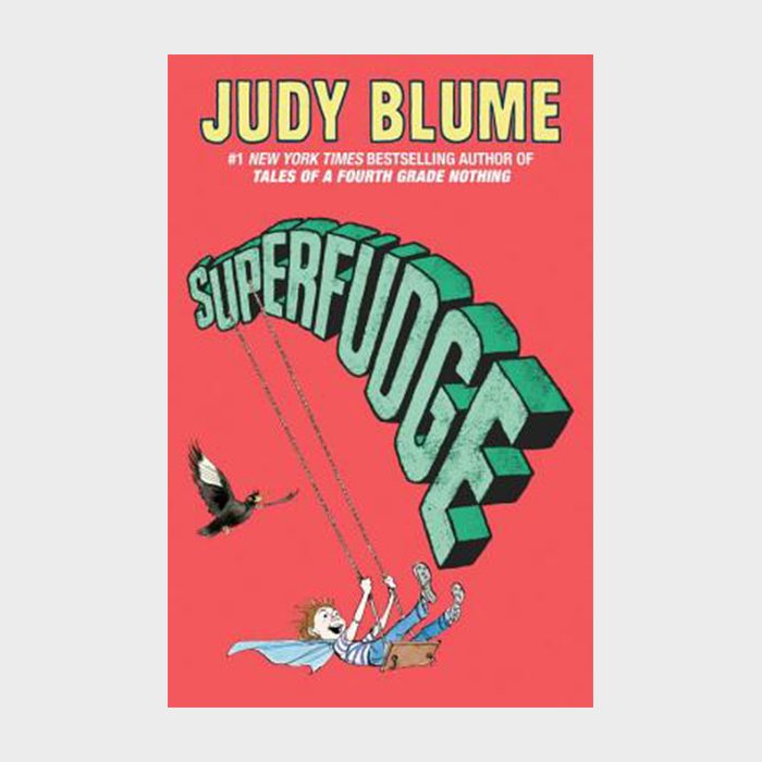 "Superfudge" cover features a child swinging under large 3D text, with a bird flying nearby, set against a red background.