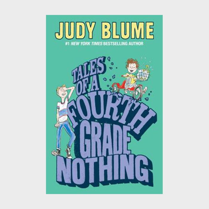 Book cover shows a boy holding his head while another rides a bike joyfully, surrounded by large text. "Judy Blume," "Tales of a Fourth Grade Nothing."