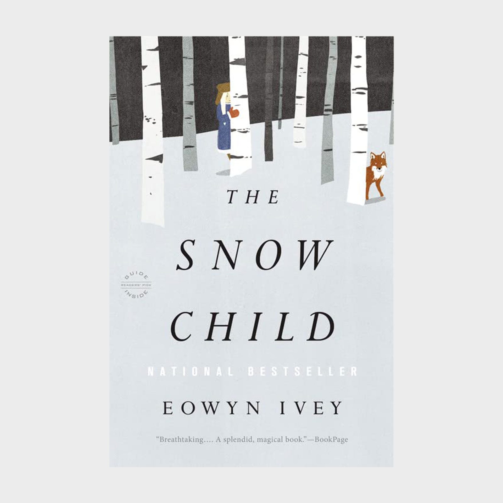A child holds a snowball among birch trees with a fox nearby. Text: "The Snow Child, National Bestseller, Eowyn Ivey."