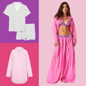 Patterned pajama set displayed on purple and pink backgrounds, with a woman wearing a pink outfit and purple lingerie standing against a pink background.