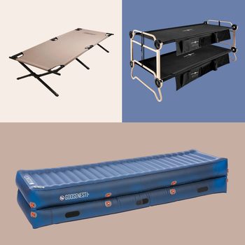 Cot: Beige, flat, on black legs, beige background. Bunk beds: Black canvas, stackable, wooden frame, blue background. Air mattress: Blue, inflatable, "GOOSESNEST," tan background.