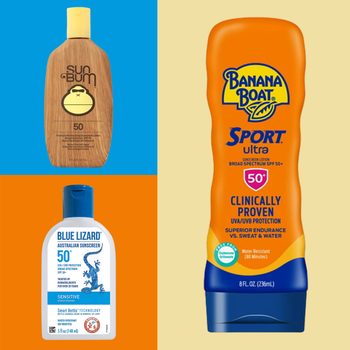 Three sunscreen bottles displayed vertically against colorful backgrounds: Sun Bum, Blue Lizard, and Banana Boat Sport, all labeled SPF 50 or 50+.