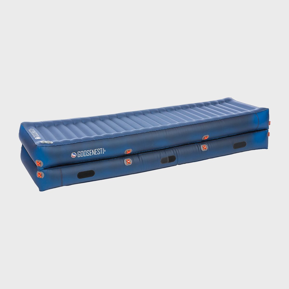 Blue inflatable mattress rests flat, featuring gray seams and orange valves, set against a plain background. Text reads "GOOSENEST."