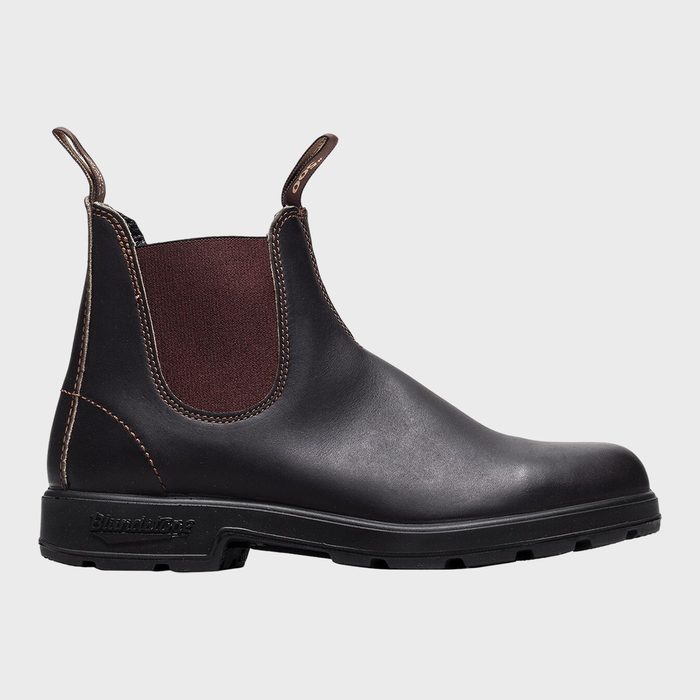 Black leather boot sits on a plain white background; features brown elastic sides and pull tabs.