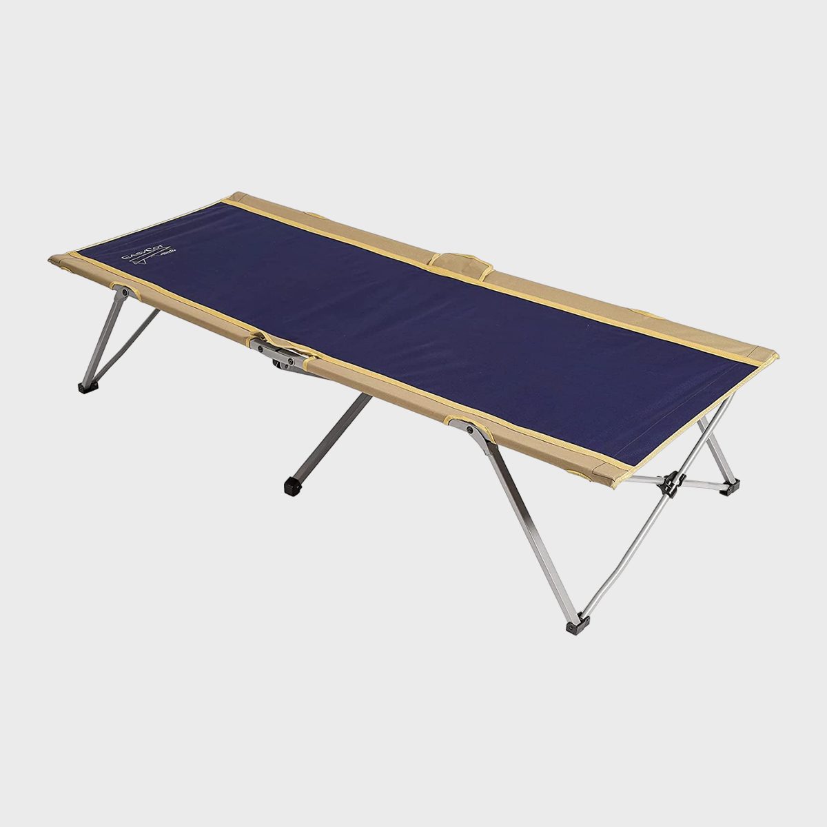 Folding camping cot, set up on a white background, featuring a blue fabric bed with tan edges and sturdy metal legs.