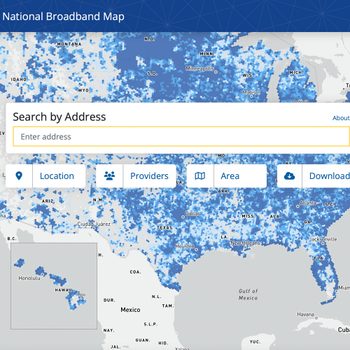Map displays broadband coverage across the U.S. in blue dots. A search bar labeled "Search by Address" overlays the map. Buttons for "Location," "Providers," "Area," and "Download" are shown.