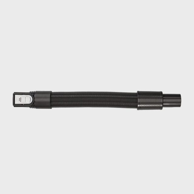 Flexible black hose resting horizontally on a plain white background, with connectors at both ends.