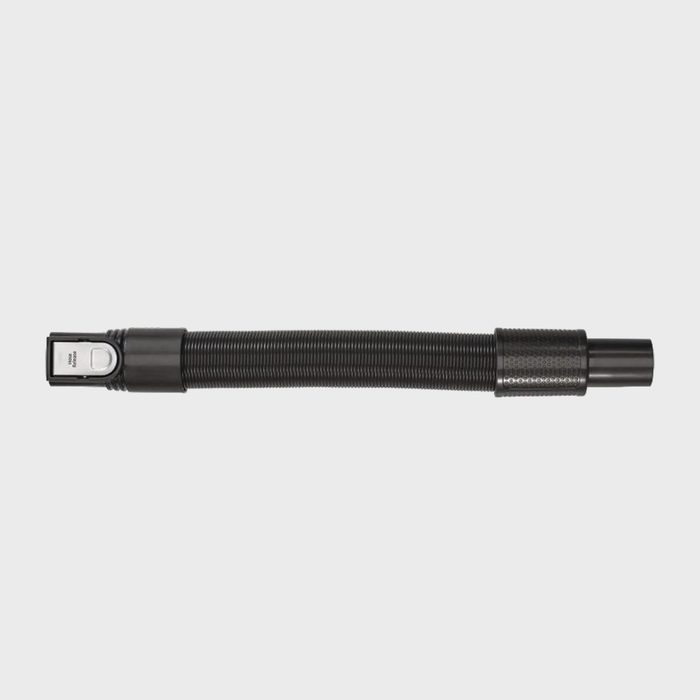 Flexible black hose resting horizontally on a plain white background, with connectors at both ends.