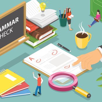 Hand points at corrected paper; grammar check written on blackboard, surrounded by books, coffee, magnifying glass, plant, and miniature people reading.