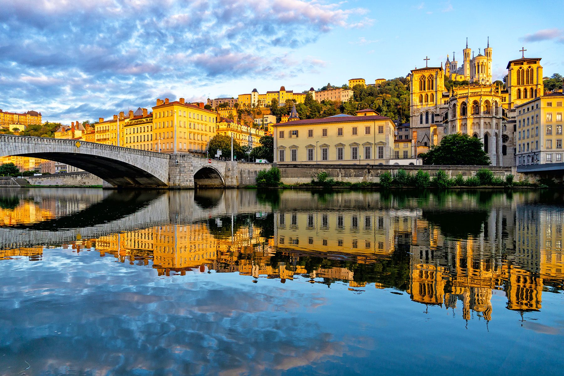 Cathedral Saint Jean, Basilica Notre-Dame de Fourviere and the Saone river in Lyon city at morning, region Auvergne-Rhone-Alpes, Rhone, France
