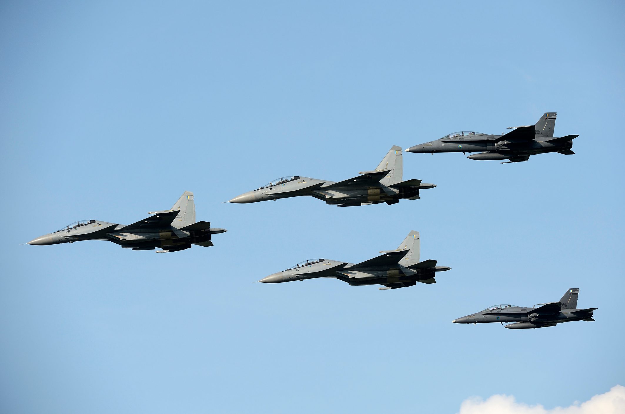 Five military jets flying in formation against a clear blue sky, maintaining a synchronized pattern.