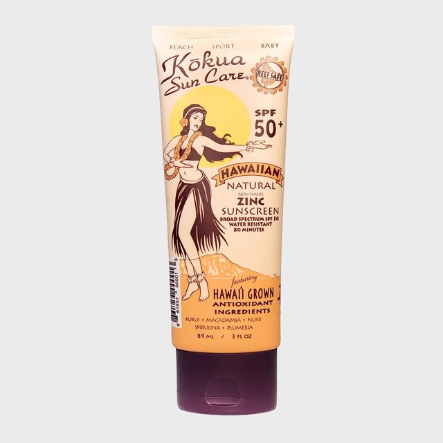 Sunscreen tube displaying a hula dancer; labeled 