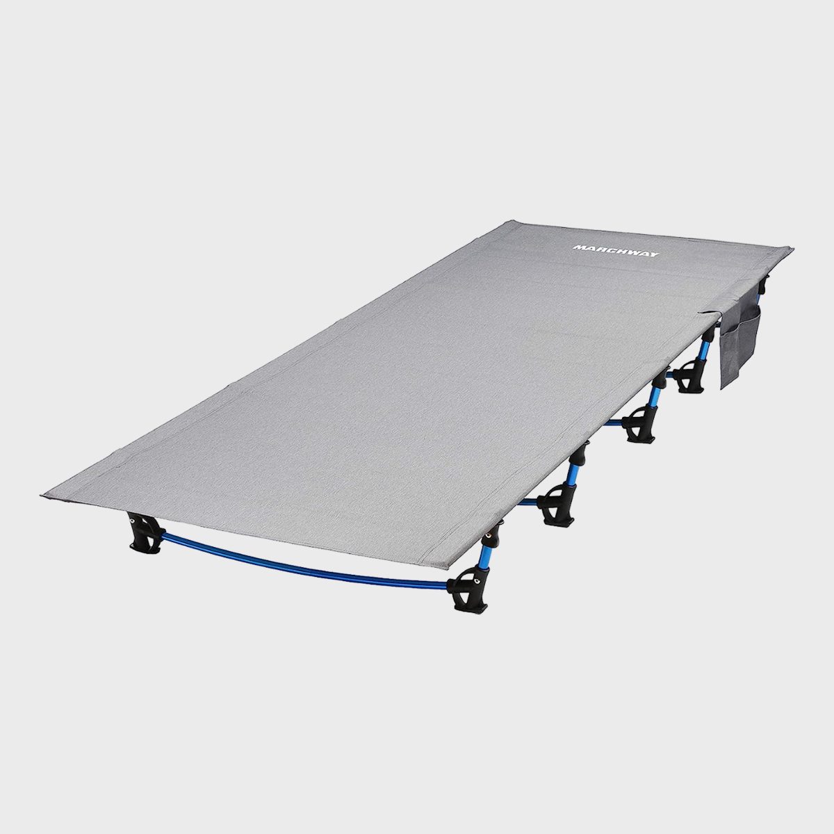 A gray camping cot is set up, featuring blue metal legs, against a plain white background. "MARCHWAY" is printed on the cot's fabric.