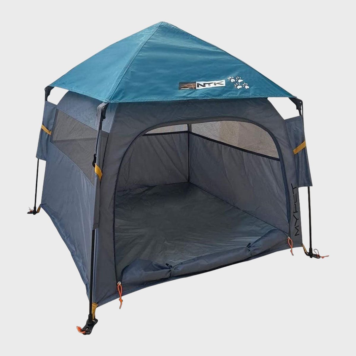 A blue and gray tent stands with mesh windows, featuring an "NTK" logo on top, isolated on a plain background.
