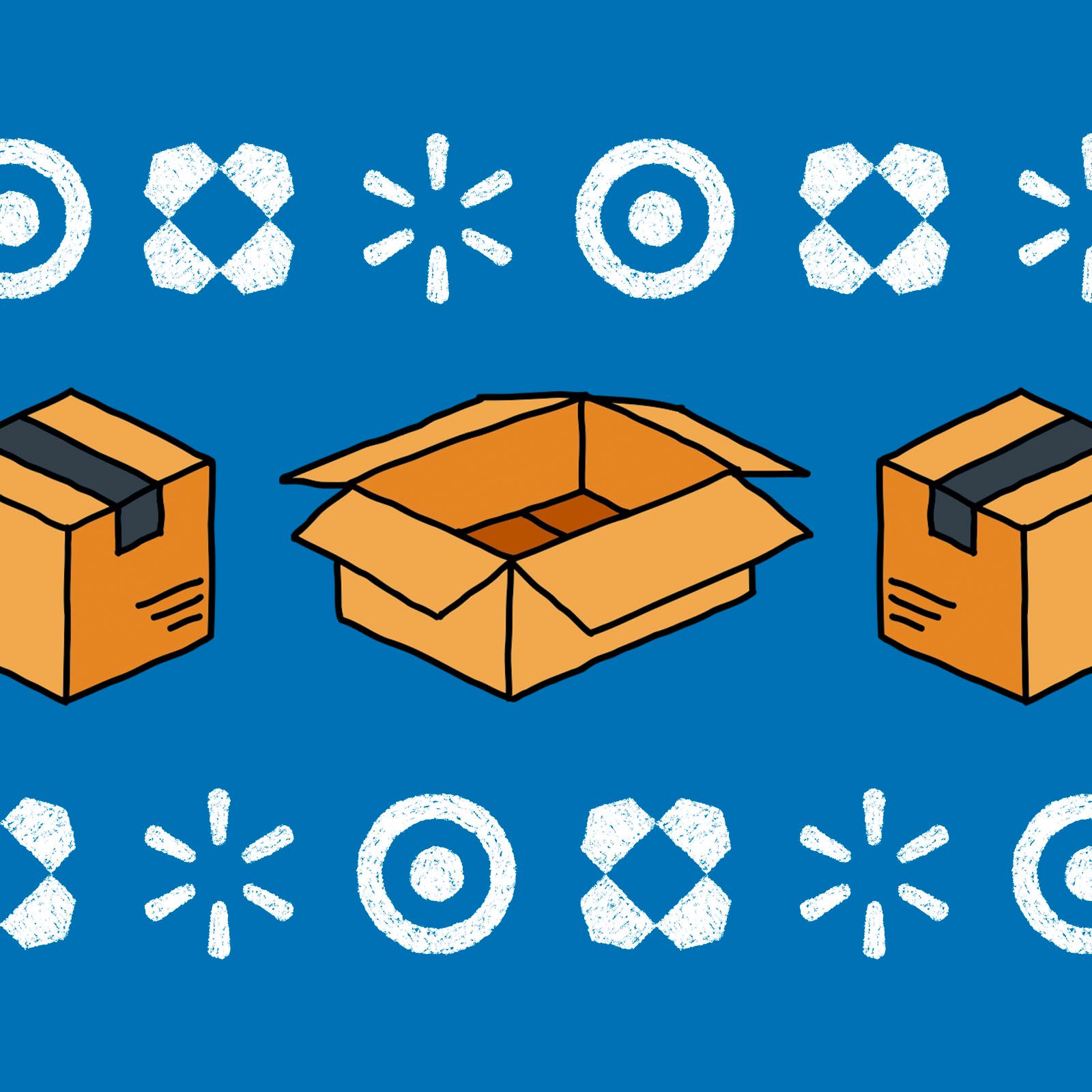 Boxes are arranged with two closed and one open on a blue background featuring circular and asterisk-like symbols.