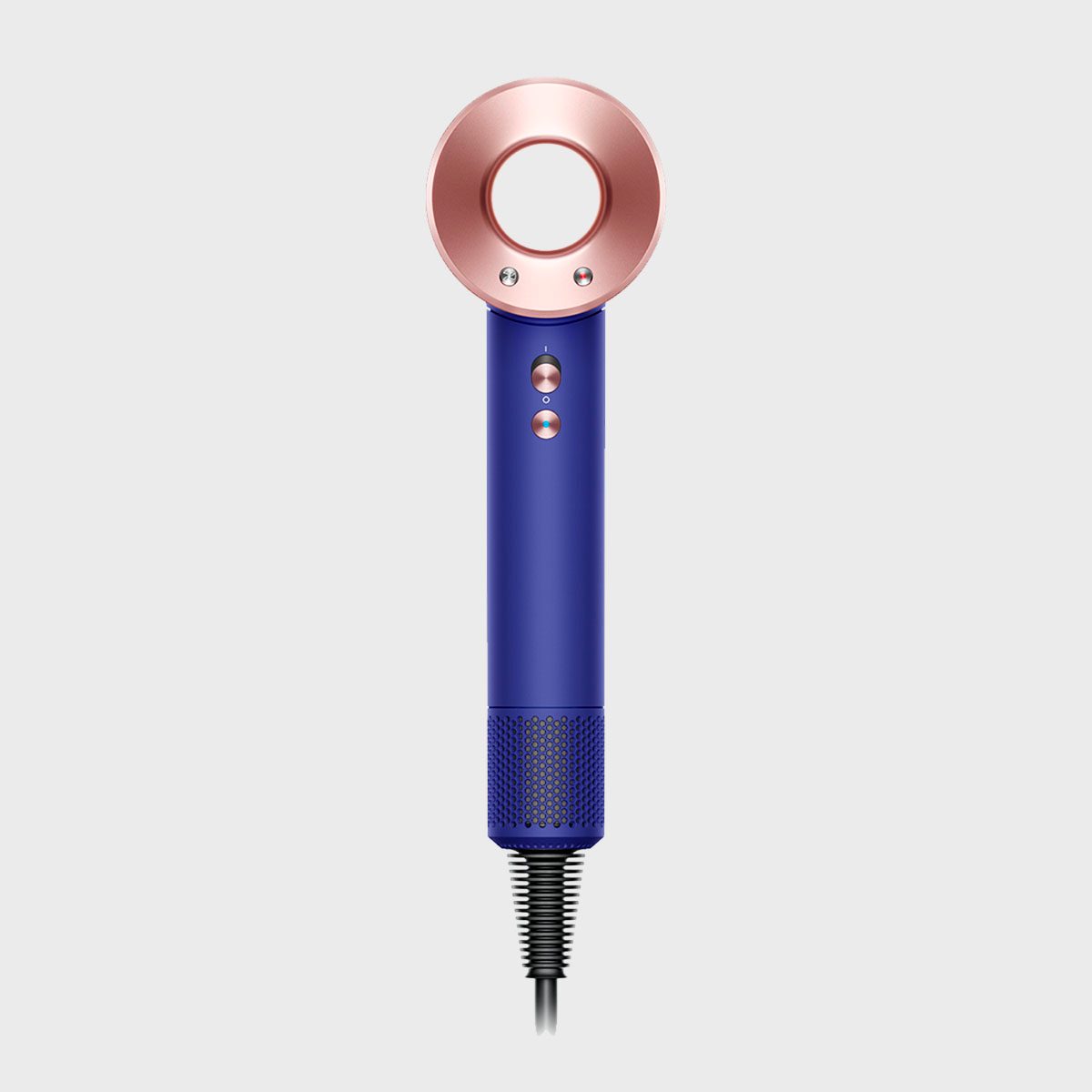 Hairdryer suspended; features a blue handle and copper ring; isolated on a plain gray background.
