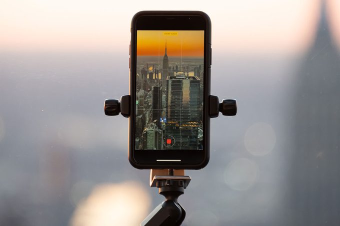 An iPhone records a time-lapse of the sunrise from the Edge observation deck at Hudson Yards on the first day of spring in New York City.