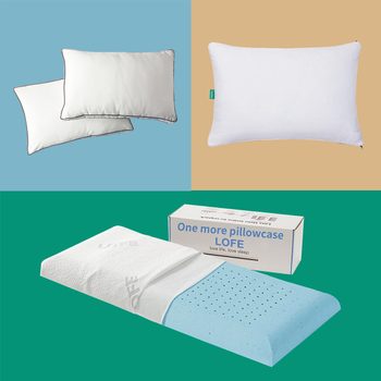 Pillows displayed in different styles with a blue memory foam pillow and a box labeled "One more pillowcase LOFE; love life, love sleep."