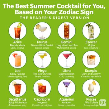 Cocktails represent zodiac signs, each with a descriptor: Ariesâ€“Bloody Maria, Taurusâ€“Gimlet, Geminiâ€“Iced Tea, Cancerâ€“Mojito, Leoâ€“Paloma, Virgoâ€“Bee's Knees.