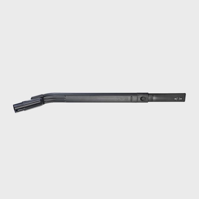 A black automotive windshield wiper blade lies flat, featuring connector components; background is plain and light gray. Text reads 