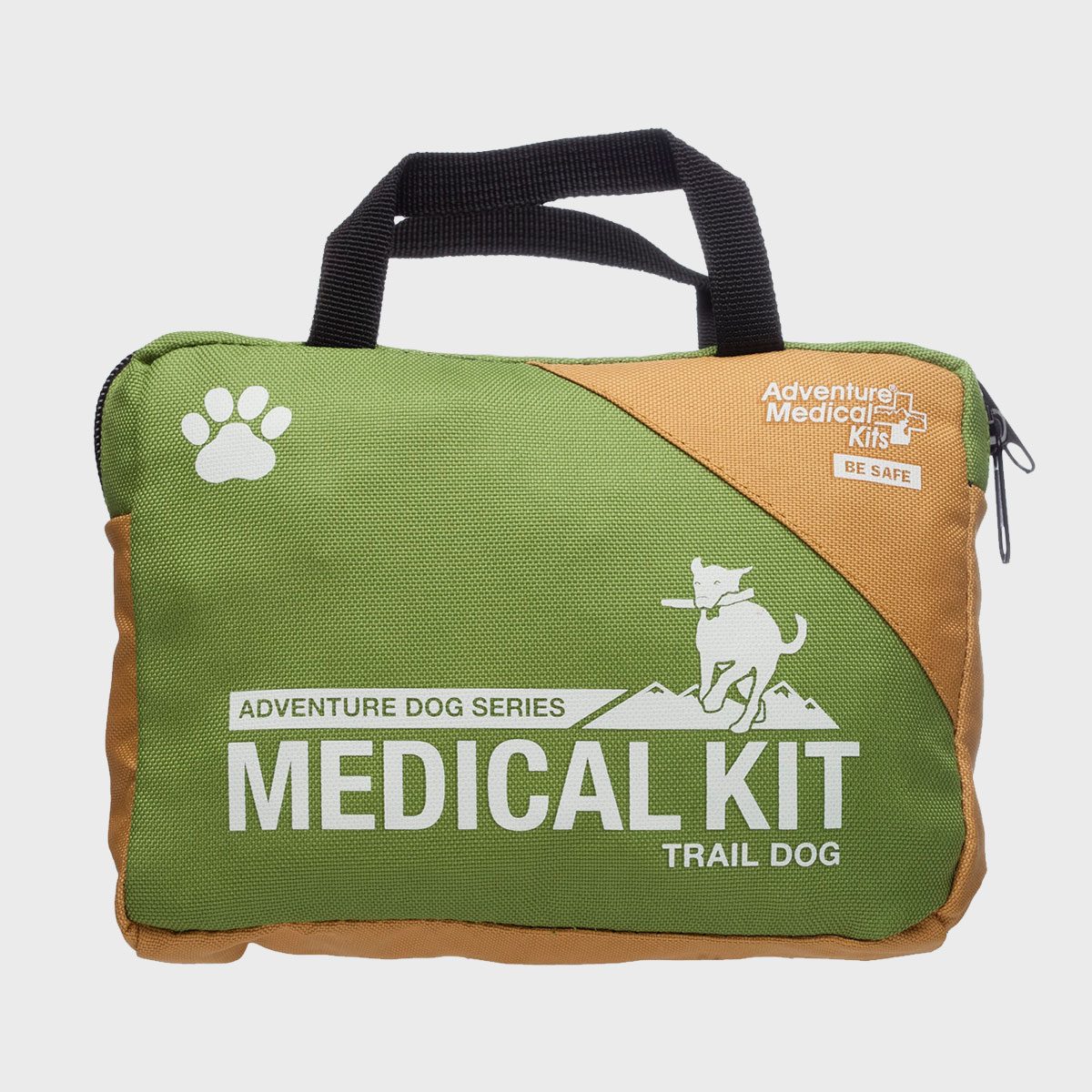 Green and brown medical kit bag with "Adventure Dog Series" and "Medical Kit Trail Dog" text, featuring a dog silhouette and paw print design.