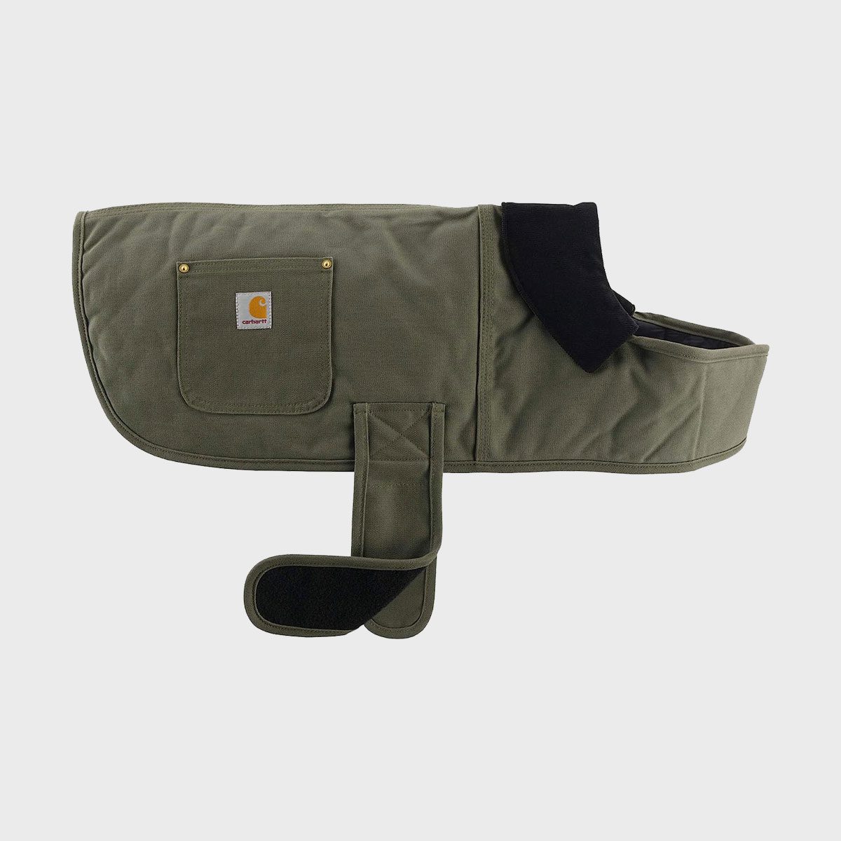 Green dog coat lies flat, displaying strap and pocket with Carhartt logo; plain light gray background.