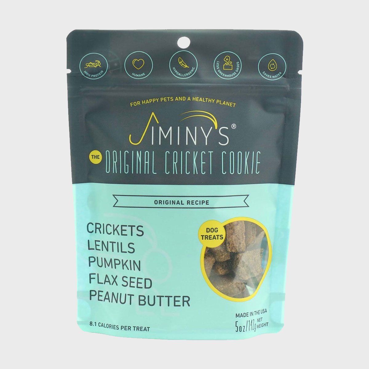 Dog treats with crickets, lentils, and peanut butter shown in a turquoise and black package, labeled "Jiminy's The Original Cricket Cookie".
