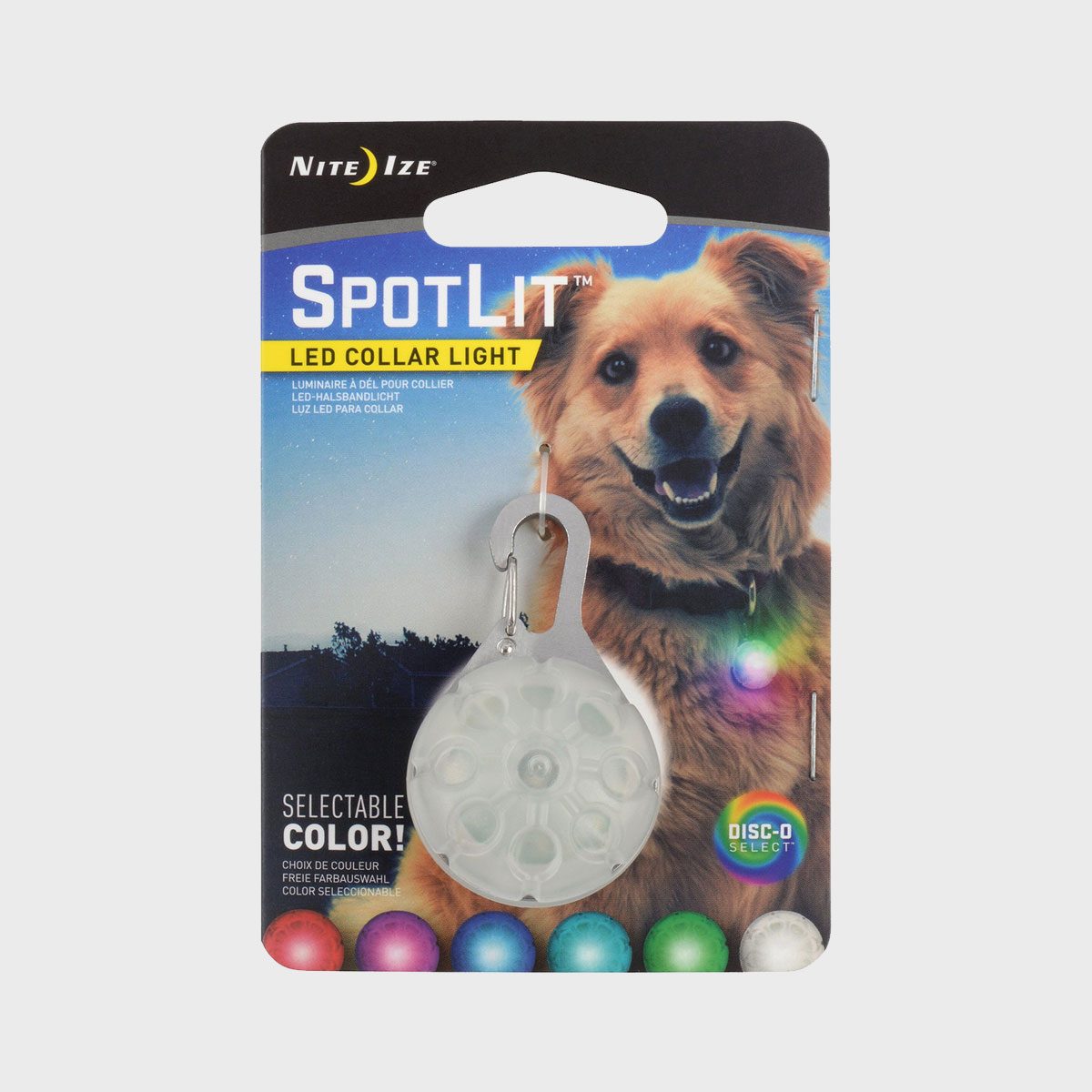 Dog collar light hangs on packaging; marketed as "SpotLit," featuring image of a dog and selectable color options.