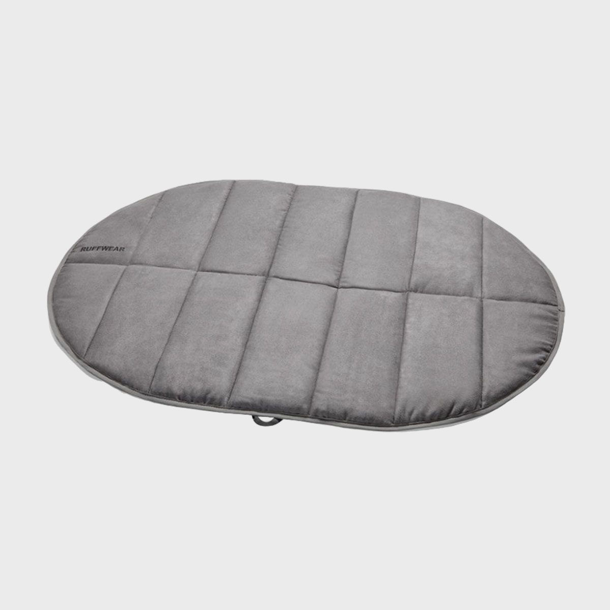Gray oval padded mat, resting flat, displaying neat stitching lines against a plain white background.