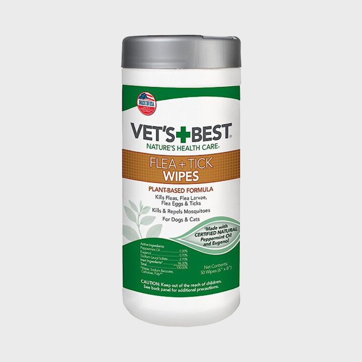 Container holds flea and tick wipes for pets, featuring plant-based ingredients, with text describing its formula and usage.