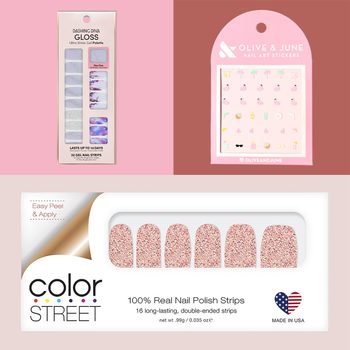 Three packages display nail art items: glitter gel strips, playful nail art stickers, and multi-colored nail polish strips. Packaging highlights ease of application.