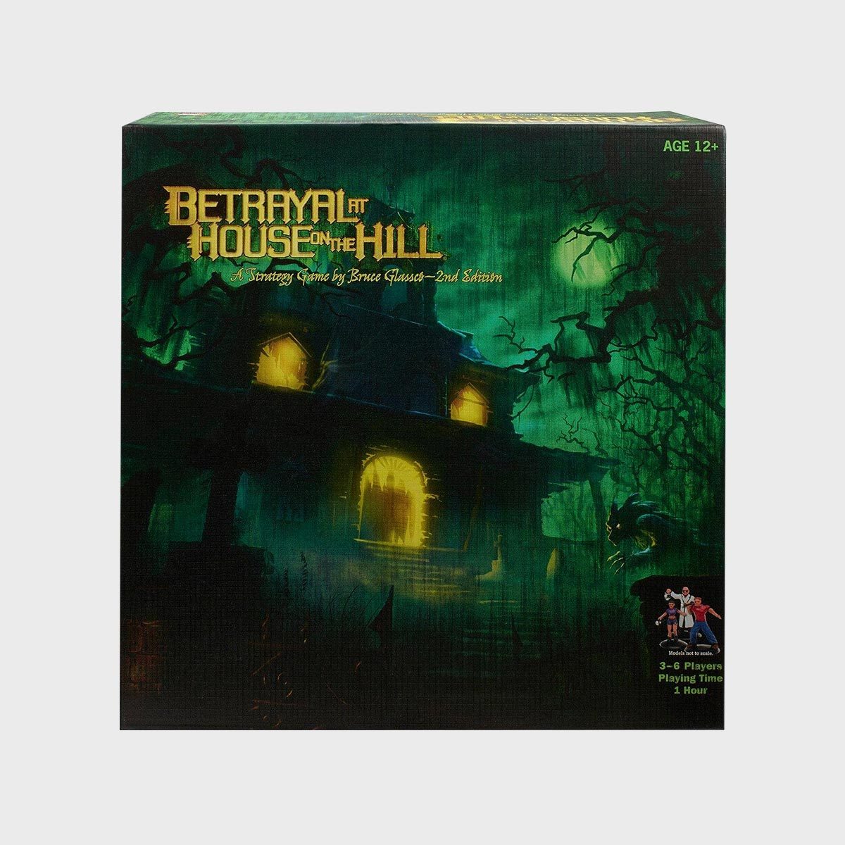 Box displays "Betrayal at House on the Hill" title; eerie house glows amidst dark trees; game is for ages 12+, 3-6 players, 1 hour.