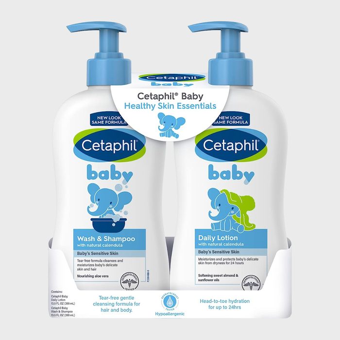 Two Cetaphil Baby bottles with blue pumps provide wash and lotion; elephant design; white packaging emphasizes gentle skincare for sensitive babies.