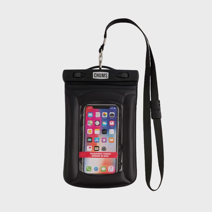 A black waterproof phone pouch holds a smartphone, featuring a 