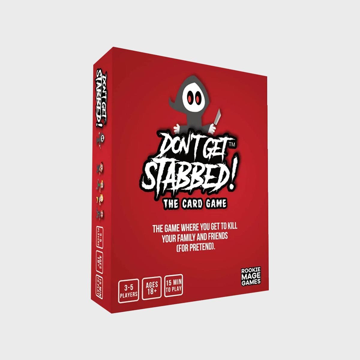 Red card game box displaying an eerie cartoon character holding a knife; labeled "Don't Get Stabbed!" Suitable for ages 18+, 3-5 players.